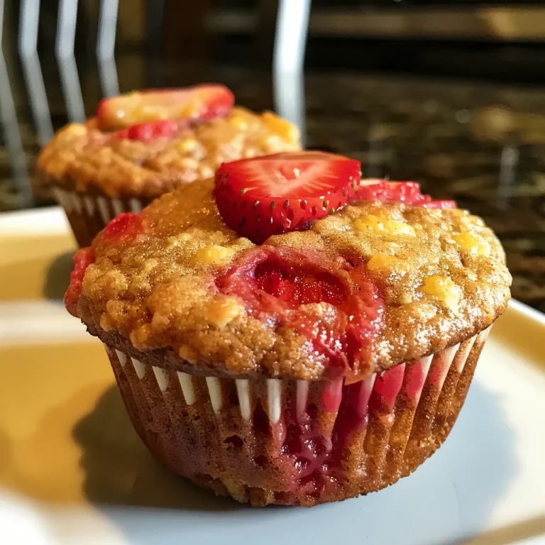 Close-up view of a healthy strawberry banana yogurt muffin with visible fruit pieces.