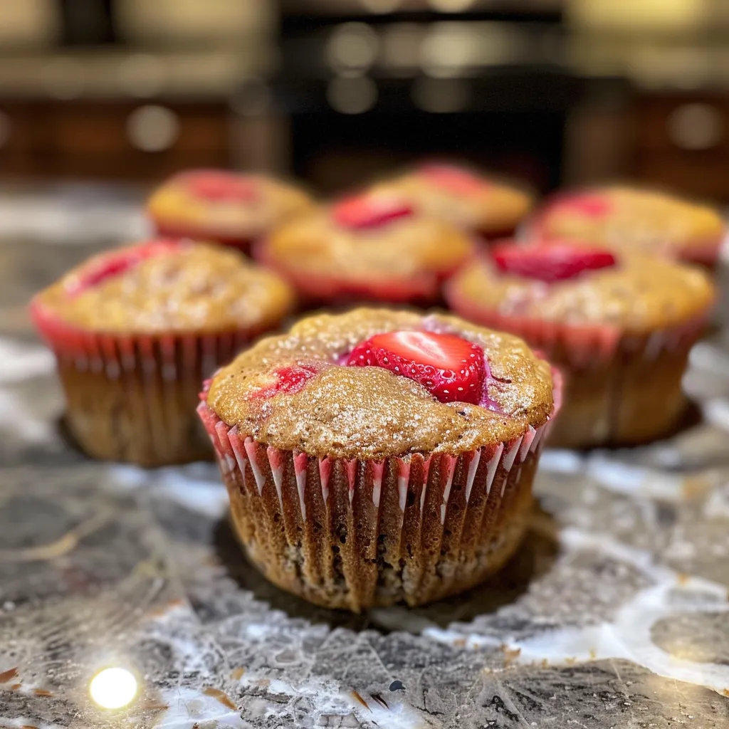 Side view of a freshly baked strawberry banana yogurt muffin highlighting its moist texture.