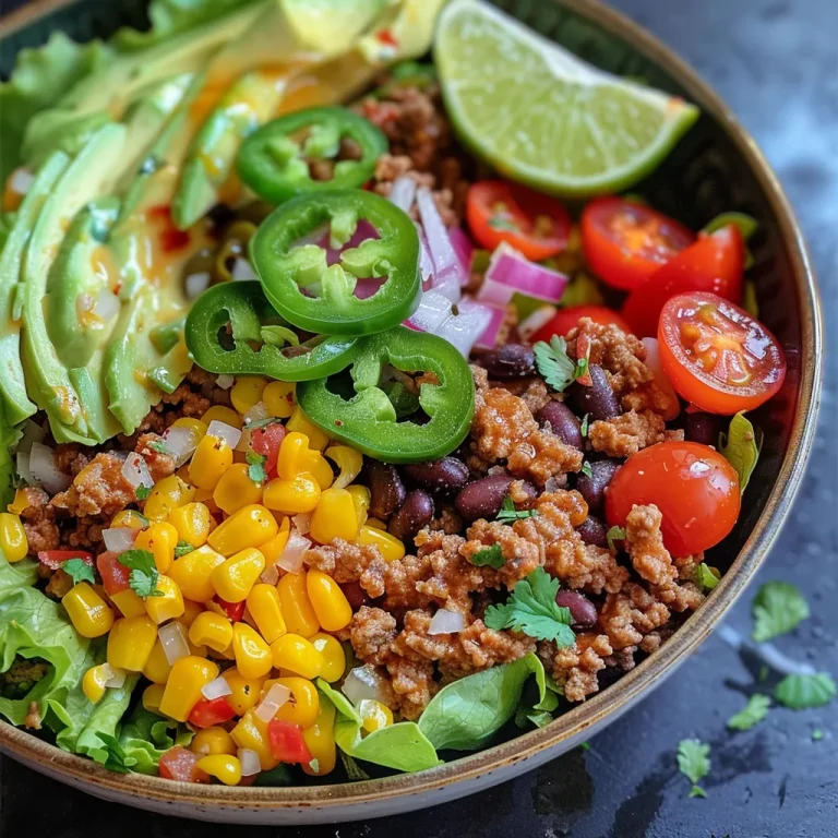 A colorful taco salad bowl filled with lean ground beef, diced chicken, fresh vegetables, and avocado.