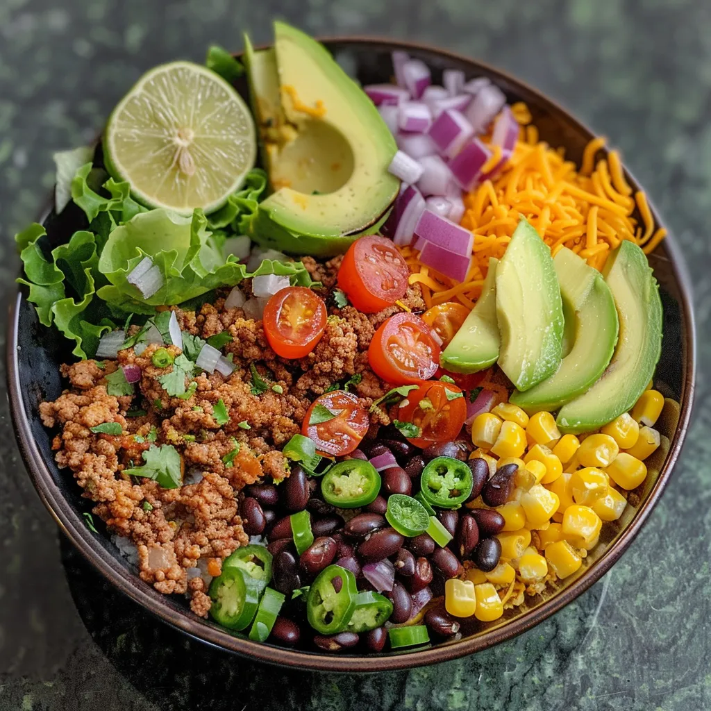 A close-up view of a healthy taco salad featuring brown rice, black beans, and a variety of toppings.