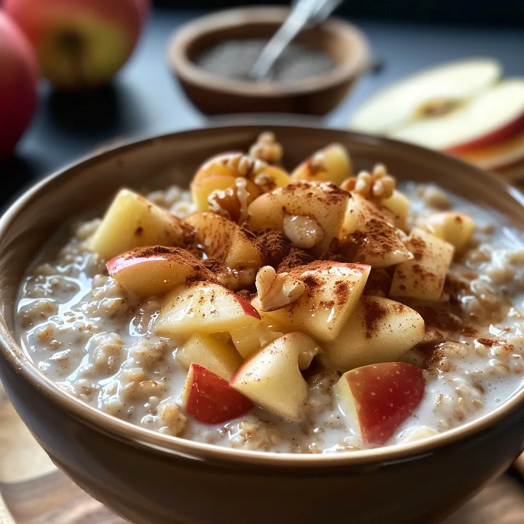 Close-up view of a bowl of High Protein Apple Cinnamon Overnight Oats with visible chopped apples and oats.