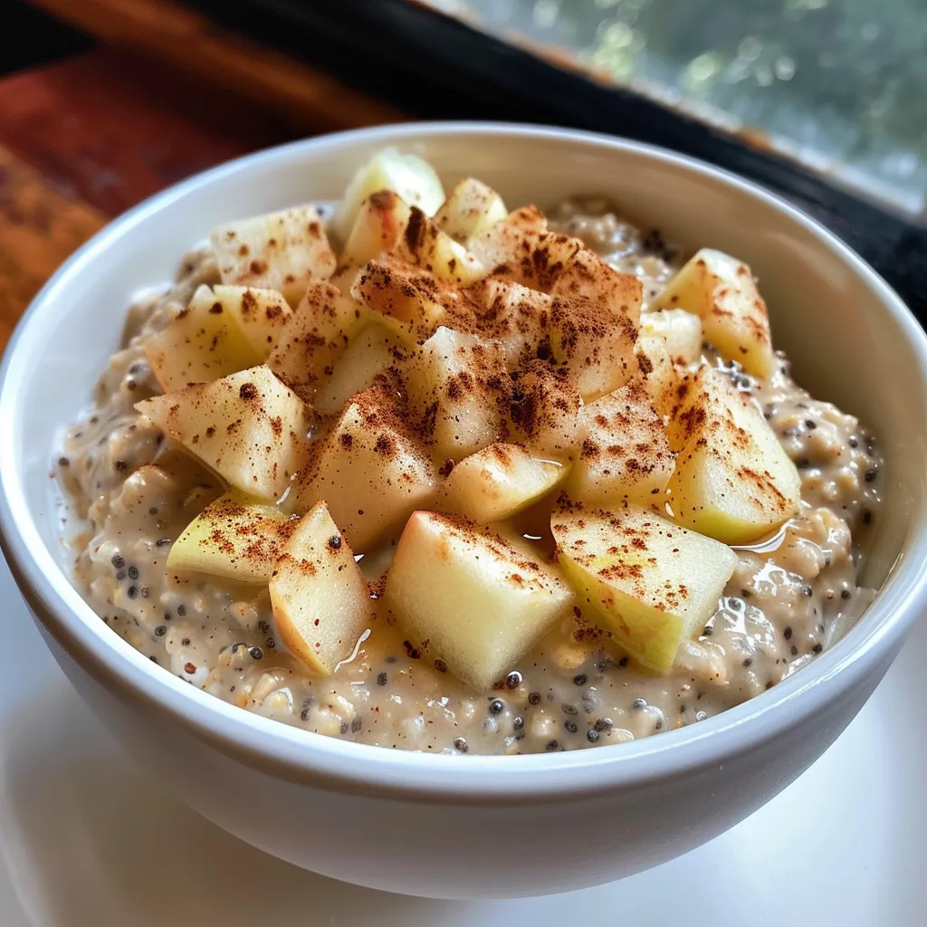 Side view of delicious overnight oats featuring apples and a sprinkle of cinnamon, served in a clear glass jar.