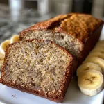 Close-up side view of a sliced high protein banana bread showcasing its moist texture.