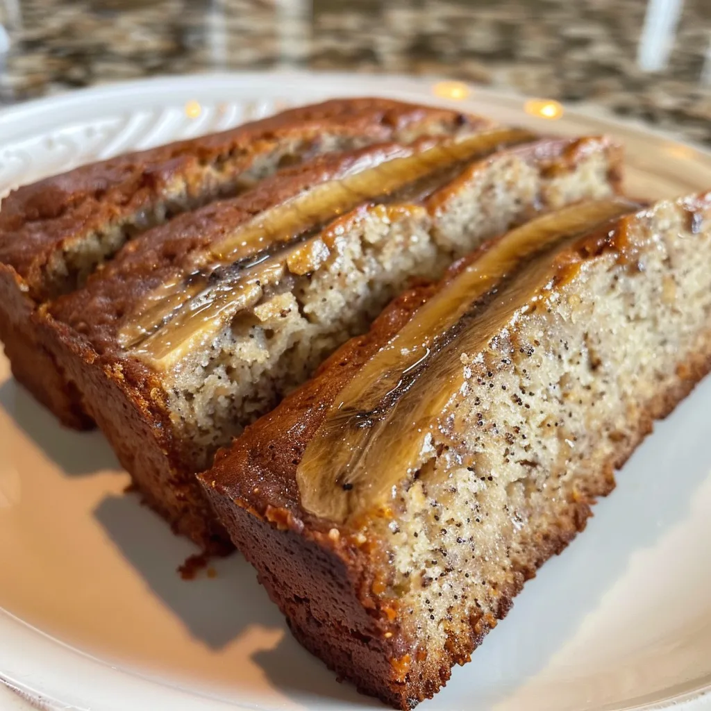 Detailed image of high protein banana bread with visible banana pieces and a golden crust.