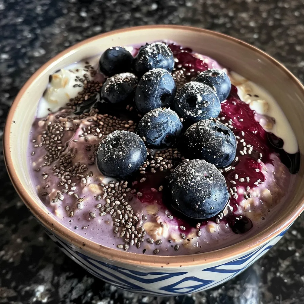 Colorful bowl featuring layers of High Protein Blueberry Overnight Oats with fresh blueberries on top.