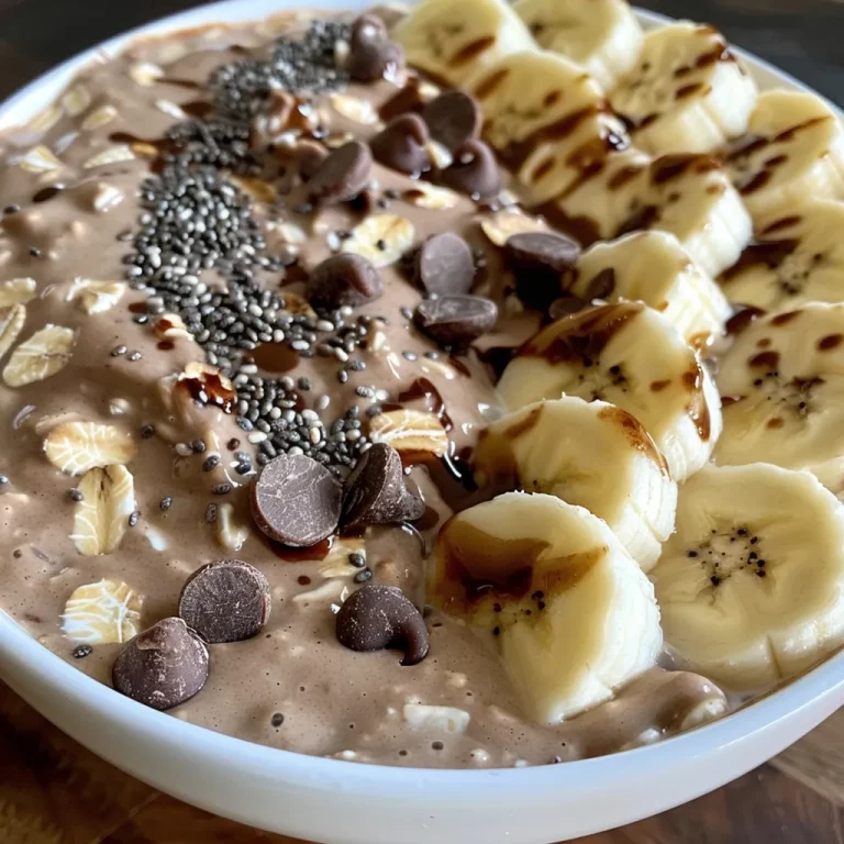 Close-up of a bowl of chocolate banana overnight oats with visible toppings.
