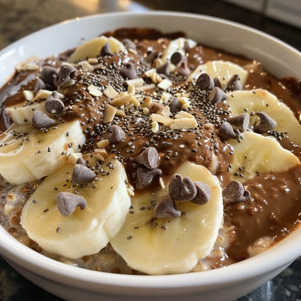 Side view of creamy chocolate banana overnight oats, garnished with banana slices.