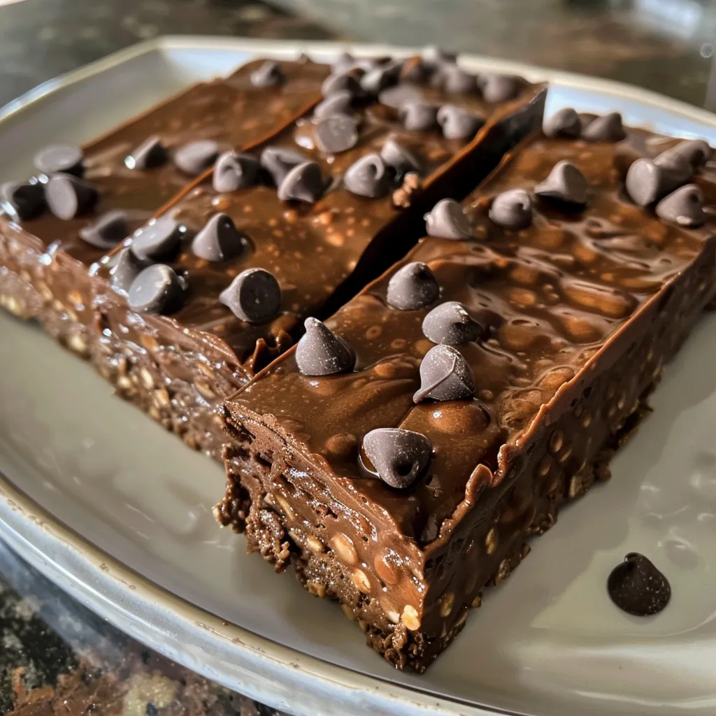 Side view of stacked high-protein chocolate bars with a glossy chocolate finish.