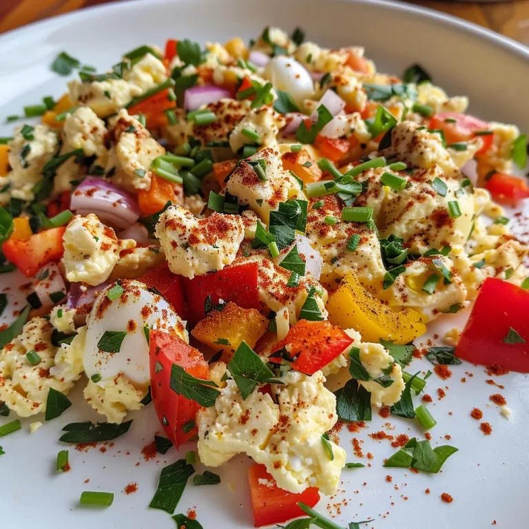 Rise and Shine Whip Up a High Protein Egg Scramble for a Flavor-Packed Morning! Close-up of a vibrant high protein egg scramble with bell peppers in a bowl.
