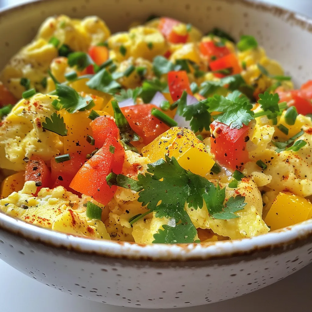 Colorful egg scramble featuring diced bell peppers and onions, garnished with herbs.