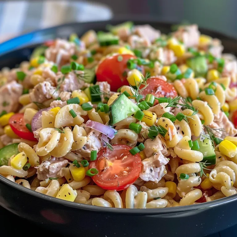 Close-up view of a colorful tuna pasta salad with cottage cheese, garnished with fresh vegetables.