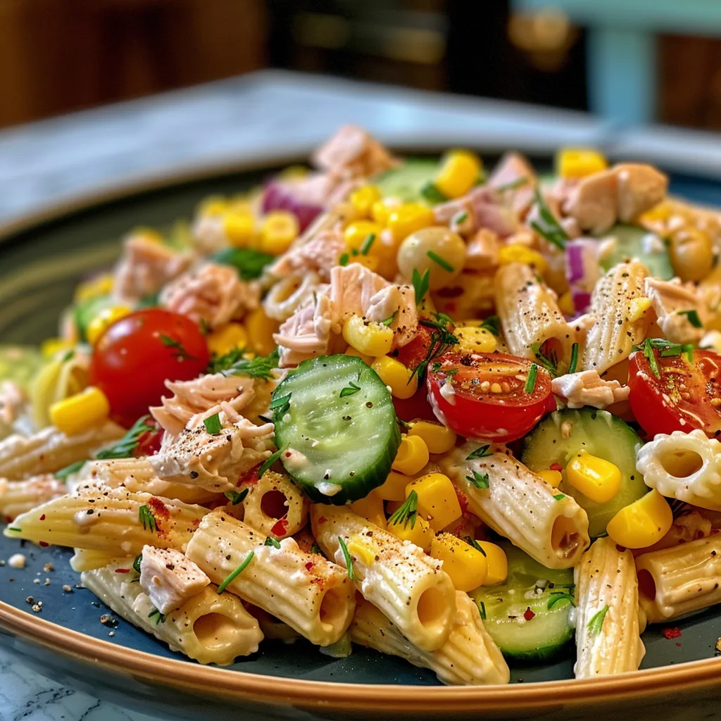 Juicy high-protein tuna pasta salad featuring creamy ingredients and vibrant veggies in a bowl.