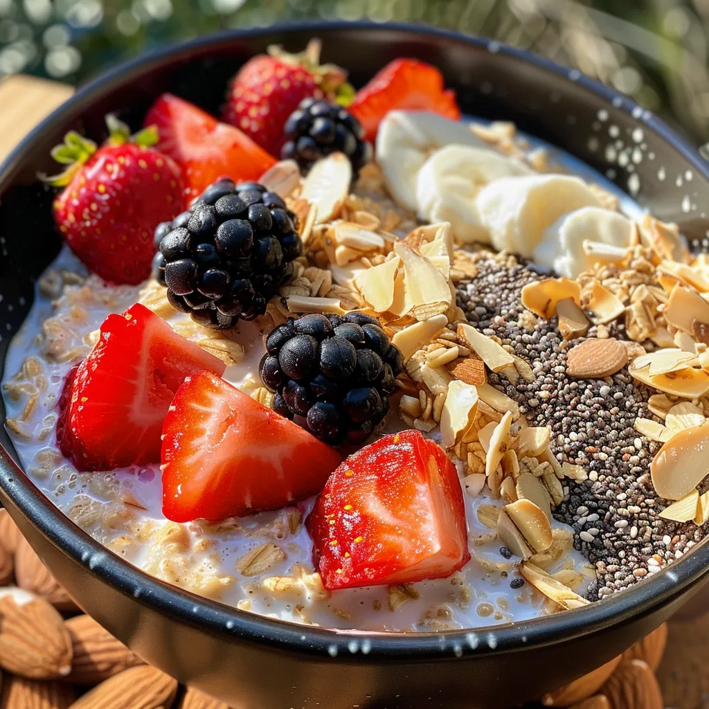 Side angle shot of high-protein vanilla overnight oats in a bowl, garnished with chia seeds and cinnamon.