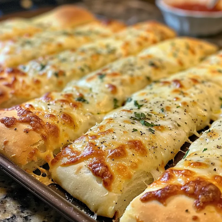 Close-up view of homemade cheesy breadsticks golden brown with a sprinkling of Parmesan.