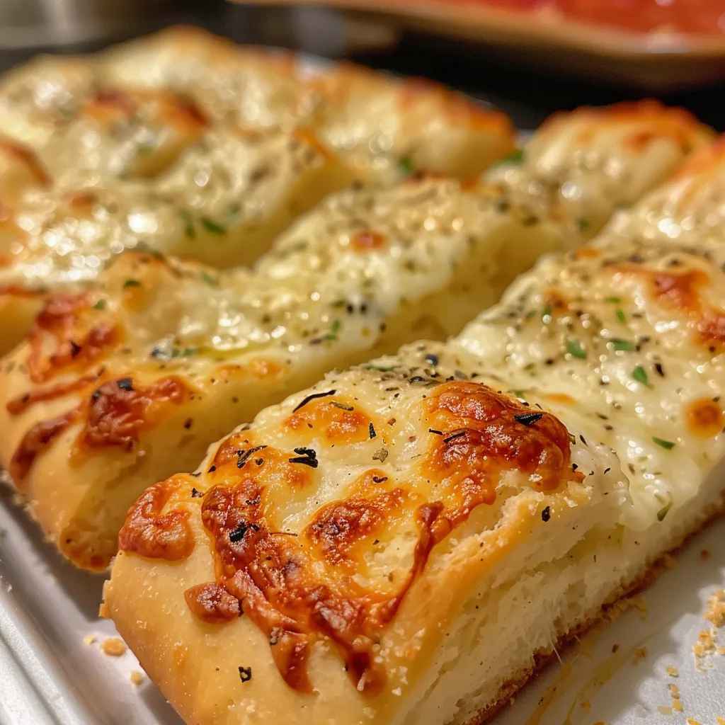 Juicy, melted cheese oozing from freshly baked cheesy breadsticks served with marinara.