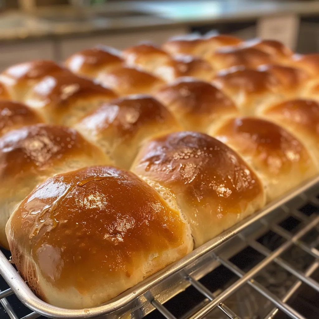 Golden-brown dinner rolls stacked on a plate, showcasing their fluffy texture.
