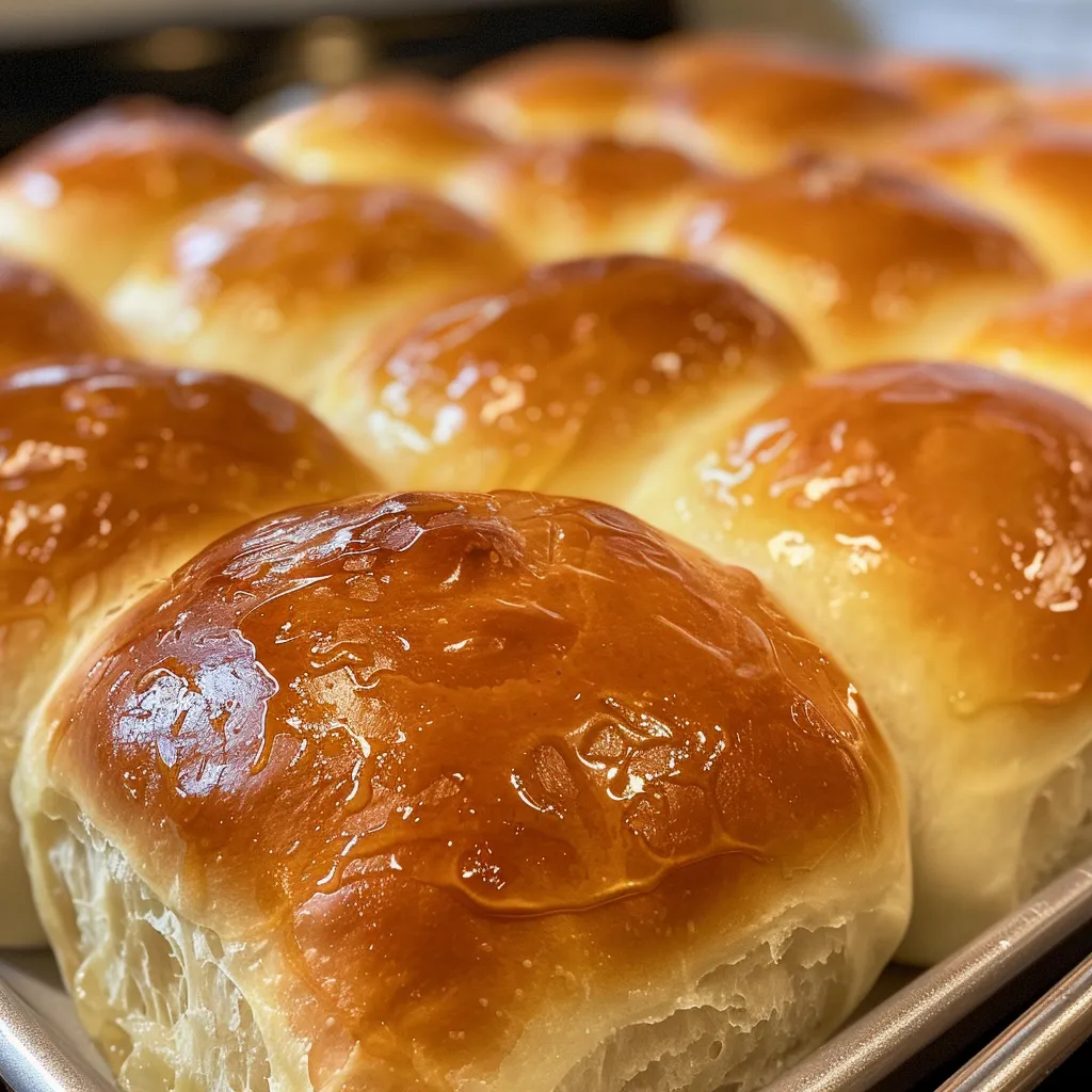 Soft and fluffy dinner rolls with a buttery glaze, freshly baked.