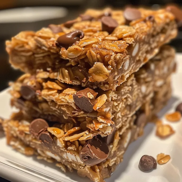Close-up view of homemade granola bars with chocolate chips and oats.
