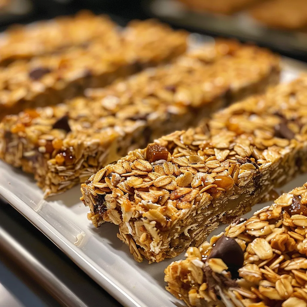 Side view of freshly baked granola bars featuring crispy rice and honey.