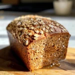 Close-up view of crusty homemade multigrain bread with visible sunflower seeds and grains.