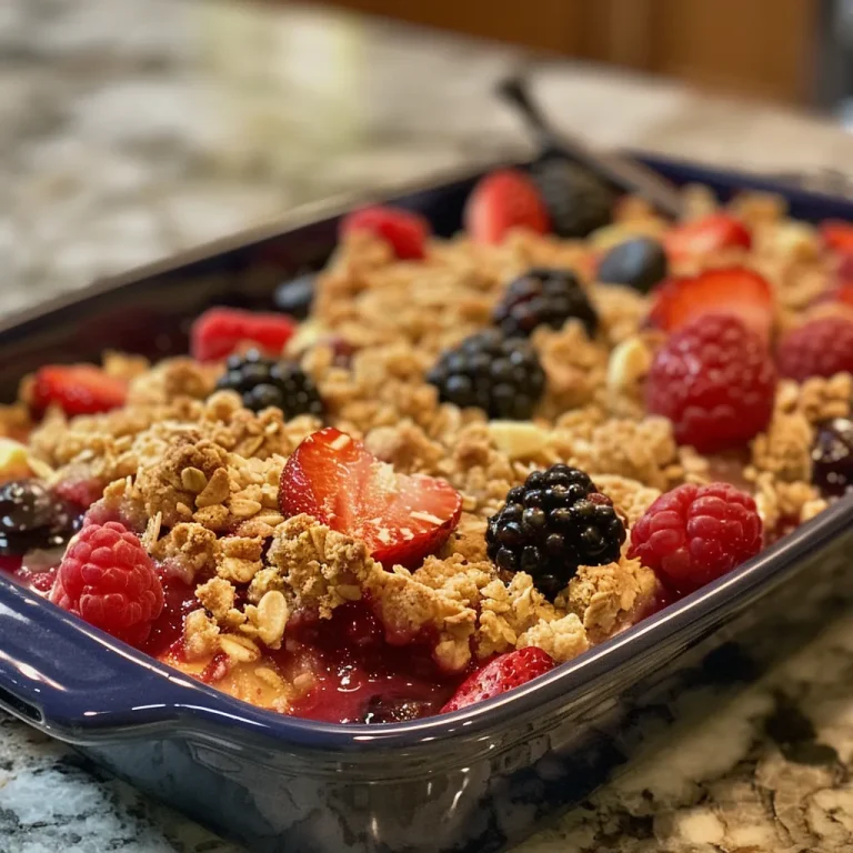 Close-up view of a Honey Berry Crumble featuring layered strawberries, blackberries, blueberries, and raspberries.