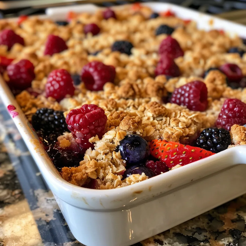 Side view of a freshly baked Honey Berry Crumble topped with oats and butter, showcasing vibrant berry colors.