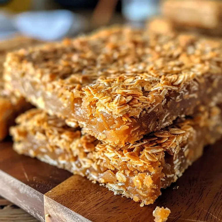 Close-up view of golden-brown Honey Coconut Oat Bars stacked on a wooden surface.