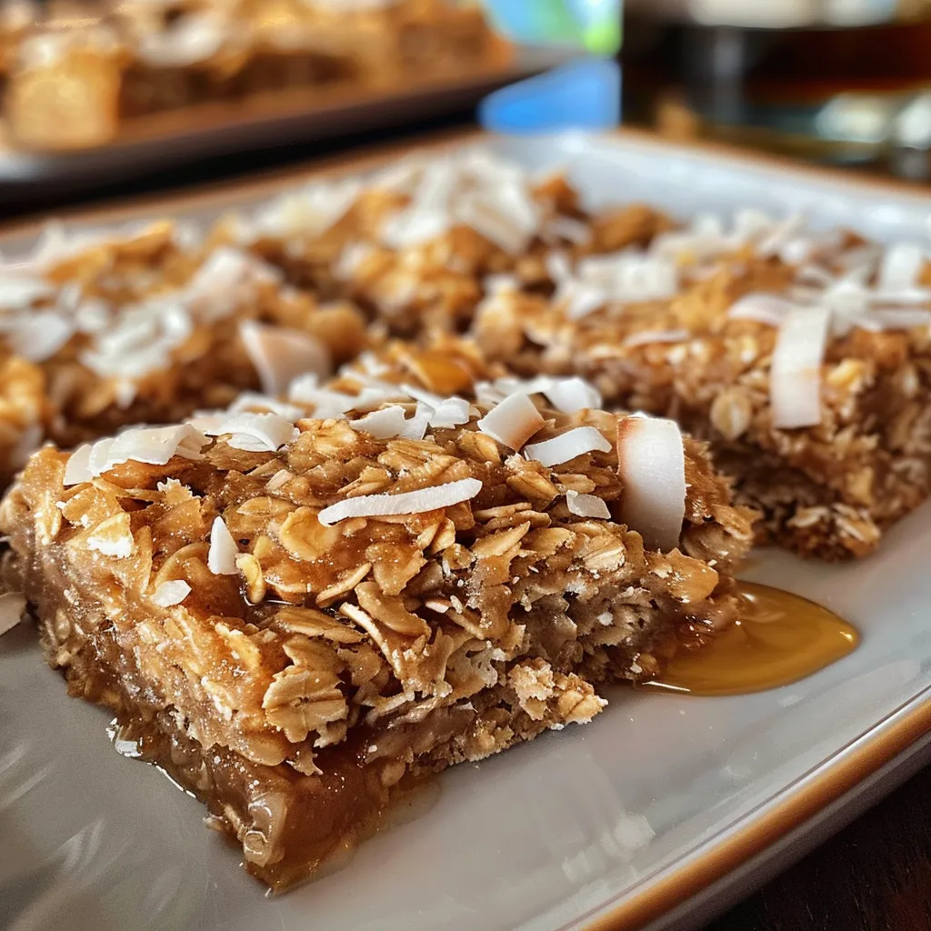 Side view of delicious Honey Coconut Oat Bars with a textured surface showcasing oats and coconut.