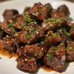 Close-up view of juicy Honey Garlic Steak Bites garnished with parsley.