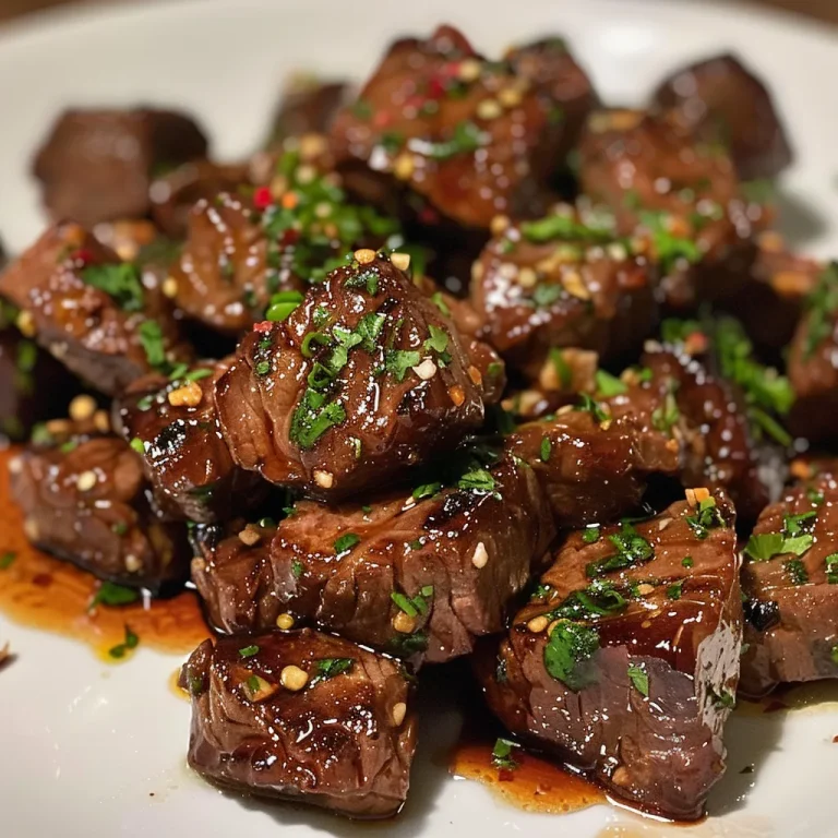 Close-up view of juicy Honey Garlic Steak Bites garnished with parsley.