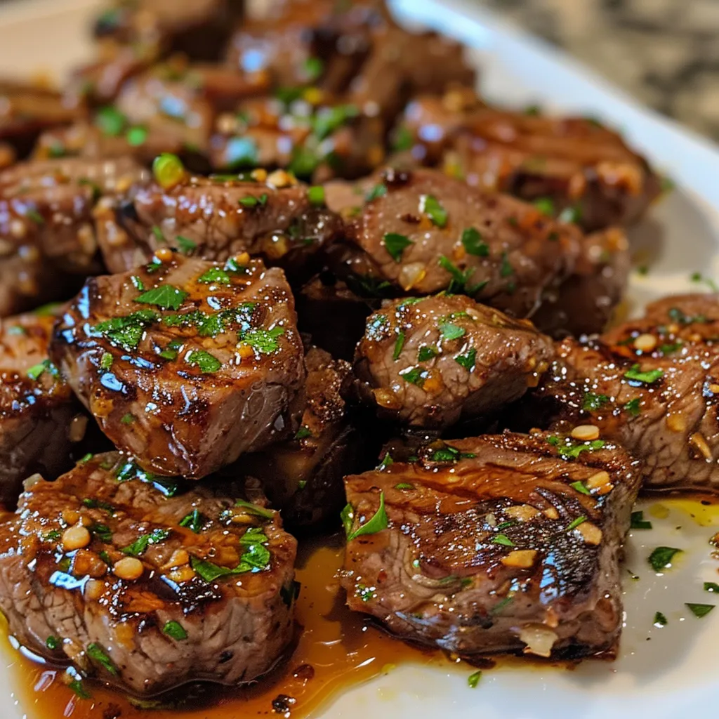 Side perspective of tender steak pieces glazed in honey garlic sauce.