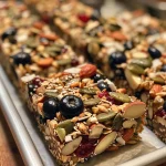 Close-up view of Keto Mixed Berry Granola Bars with nuts and seeds.