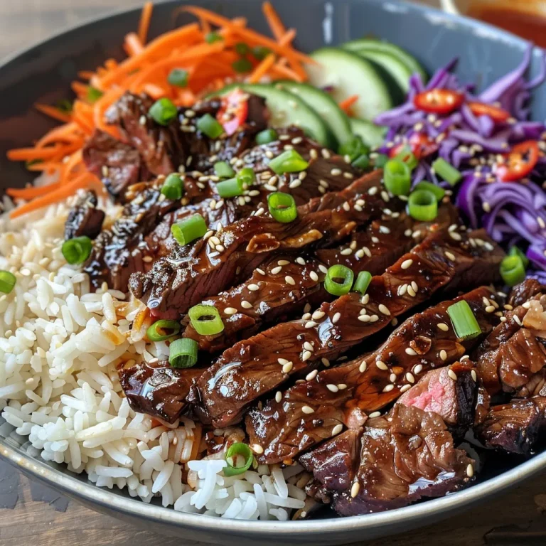 Close-up photo of Korean BBQ steak rice bowl with vibrant vegetables and spicy cream sauce.