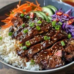 Juicy Korean BBQ steak rice bowl topped with colorful vegetables and spicy cream sauce.