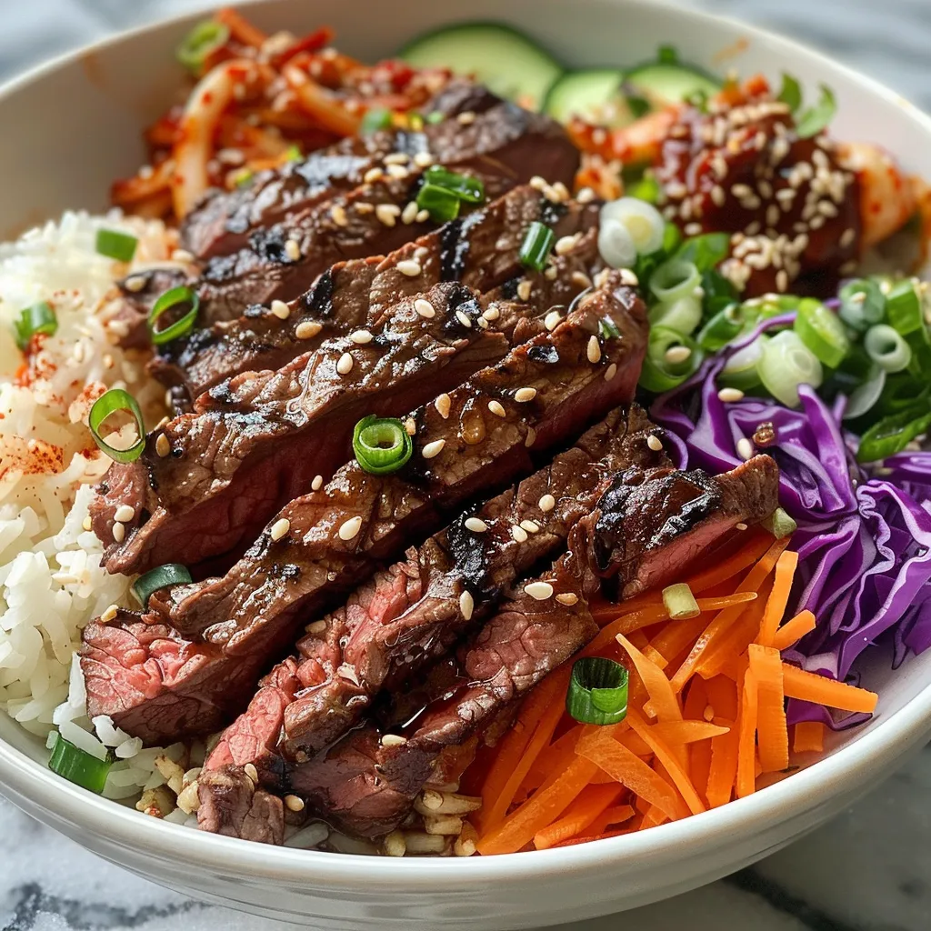 Close-up of a vibrant Korean BBQ steak rice bowl with shredded carrots and cucumbers.