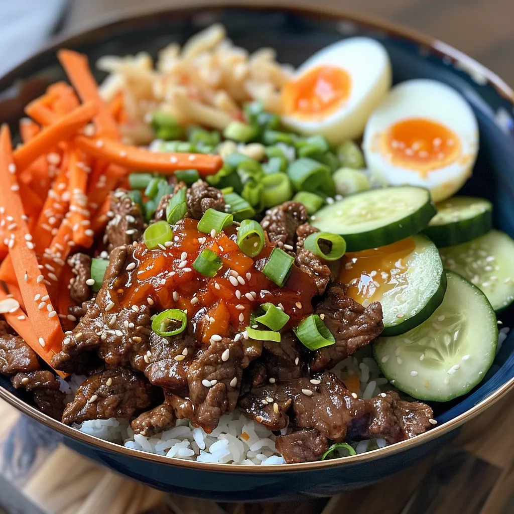 Side view of a hearty Korean Beef Bowl with ground beef, rice, and vegetables arranged neatly for meal prep.