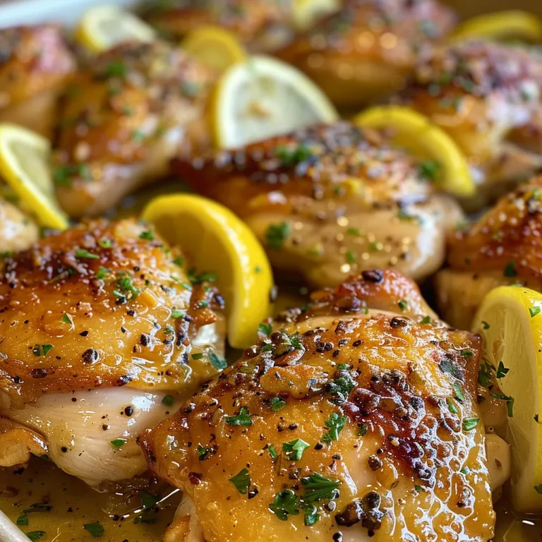 Close-up view of juicy lemon chicken garnished with lemon slices.