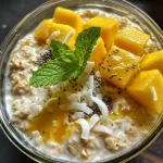 Close-up view of Mango and Coconut Overnight Oats in a clear jar, garnished with fresh mint.