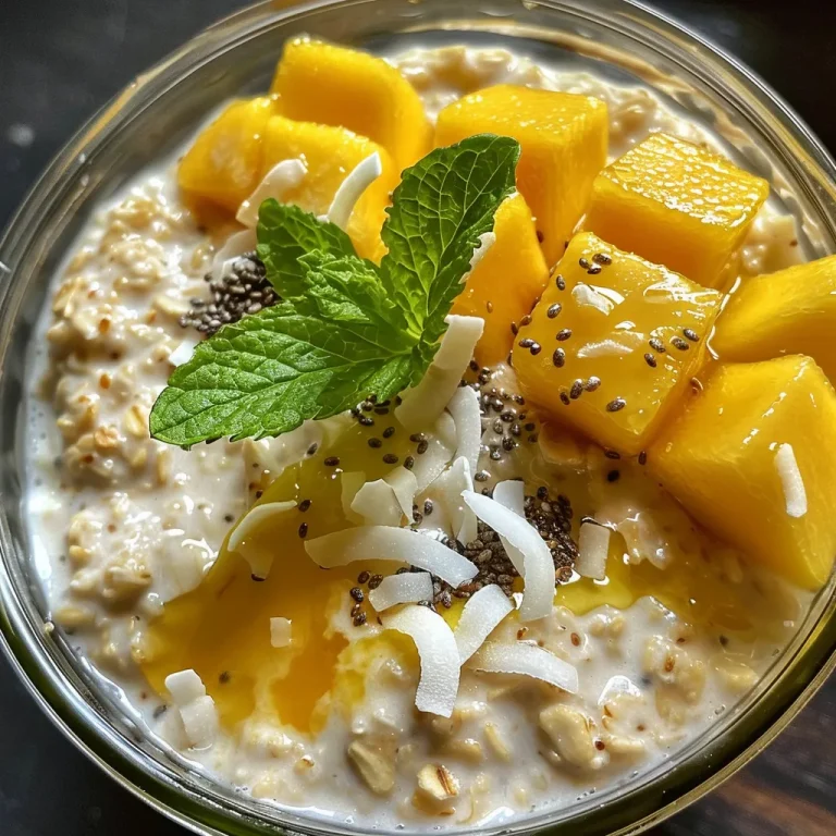 Close-up view of Mango and Coconut Overnight Oats in a clear jar, garnished with fresh mint.