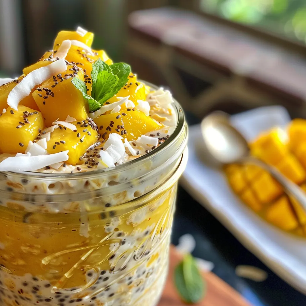 Side view of a jar filled with layered mango and coconut oats, topped with shredded coconut and mint leaves.