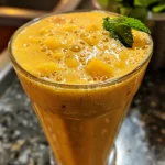 Close-up view of a vibrant orange mango oat smoothie in a glass.
