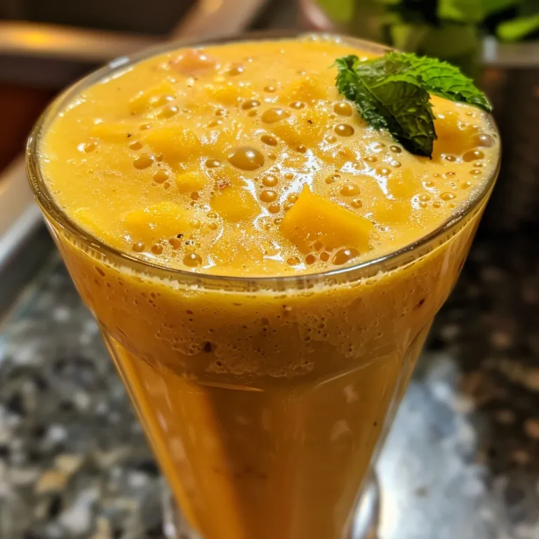 Close-up view of a vibrant orange mango oat smoothie in a glass.