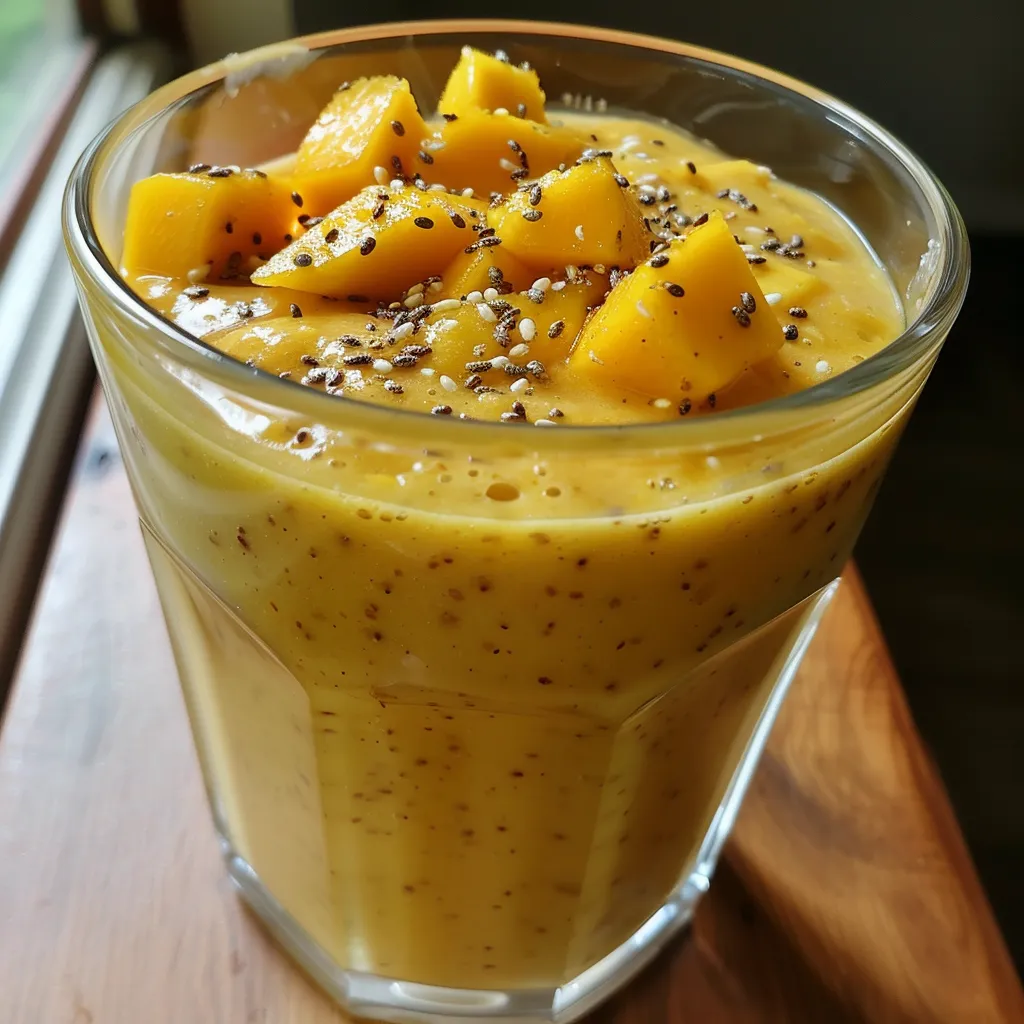 Side profile of a refreshing mango oat smoothie garnished with a slice of mango.