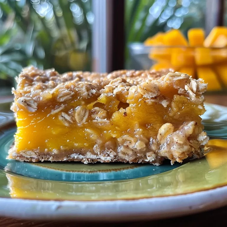 Close-up view of golden-brown mango oatmeal bars with visible chunks of ripe mango.