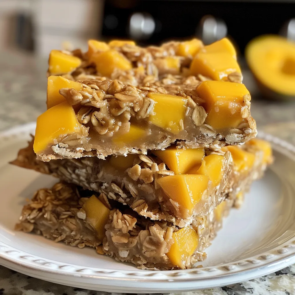 Side angle of freshly baked mango oatmeal bars showcasing a crumbly texture and fruity filling.