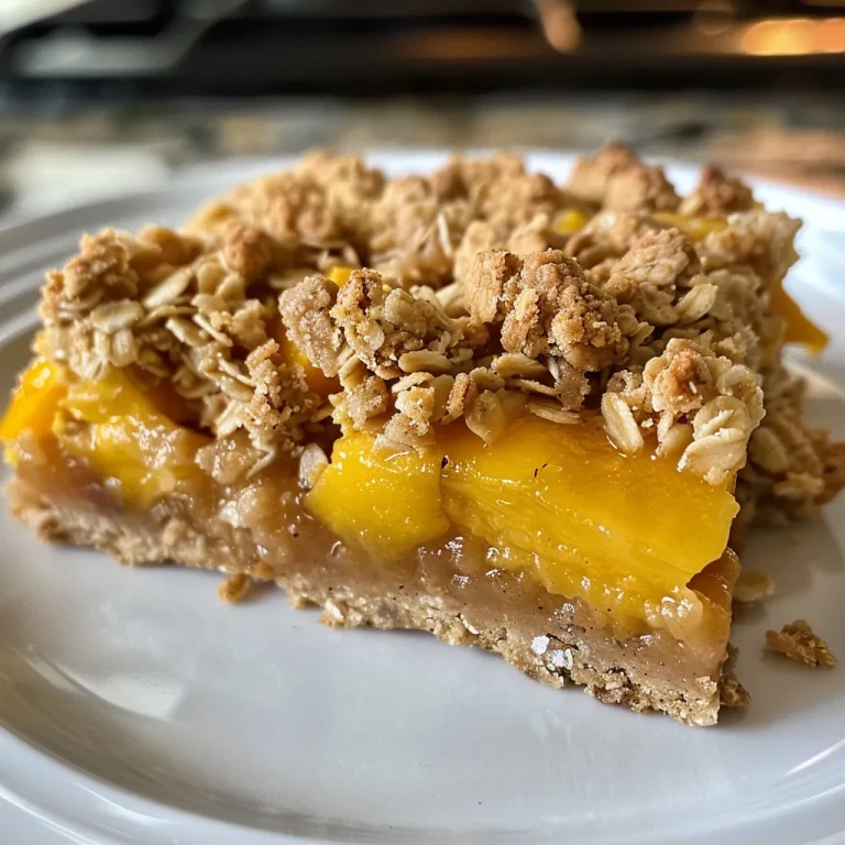 Close-up view of Mango Oatmeal Crumble Bars topped with golden-brown crumble.