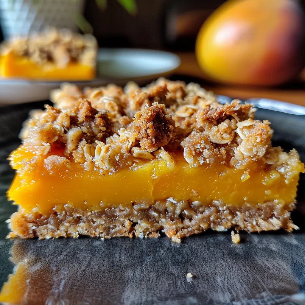 Side view of a delicious slice of Mango Oatmeal Crumble Bars with fresh mango pieces.