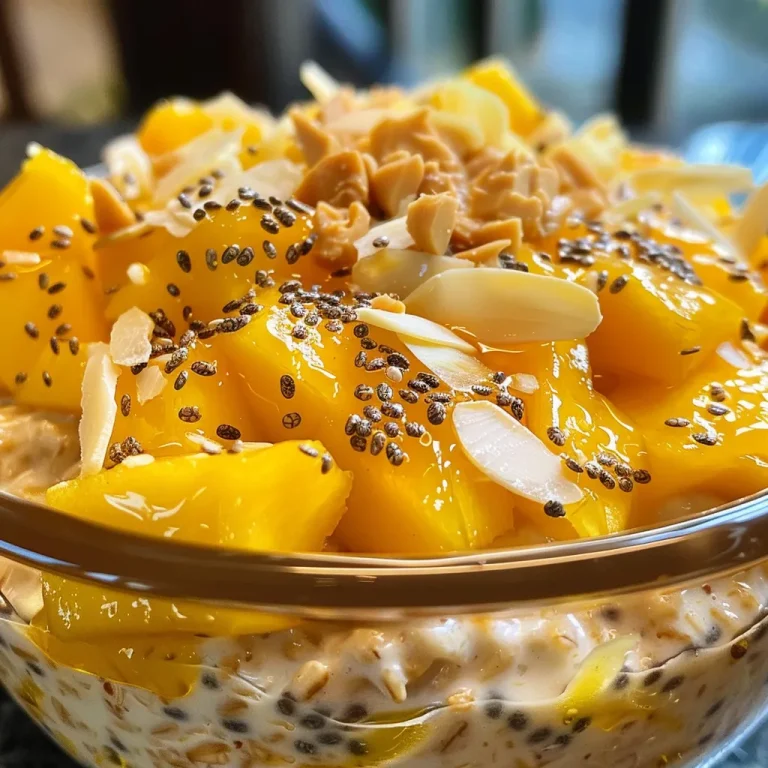 Close-up view of a bowl of Mango Overnight Oats with vibrant mango chunks and a creamy texture.