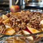 Close-up of a baked Maple Pecan Apple Crisp with a golden crust and visible apple slices.