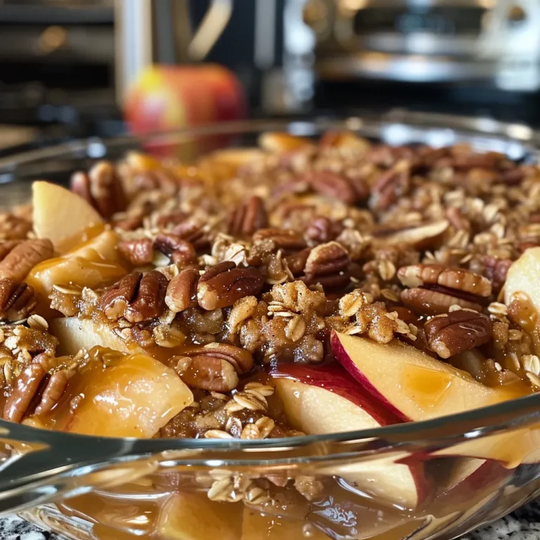 Close-up of a baked Maple Pecan Apple Crisp with a golden crust and visible apple slices.